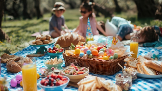 Niños disfrutando de un picnic en la hierba compartiendo comida y sonriendo