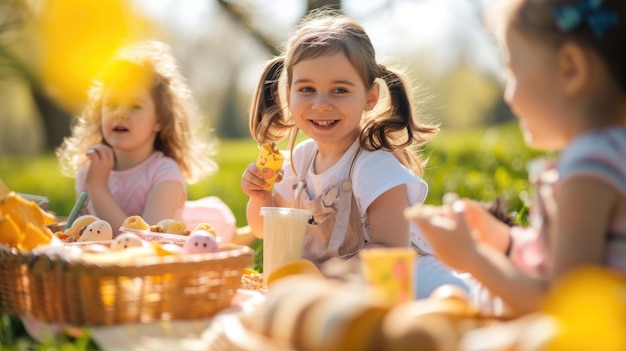 Niños disfrutando de un picnic en la hierba compartiendo comida y sonriendo