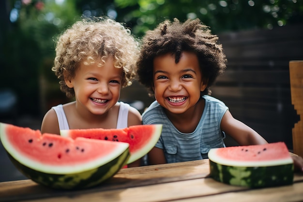 Niños disfrutando de la sandía en una barbacoa en el patio trasero