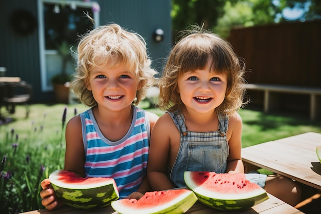 Niños disfrutando de la sandía en una barbacoa en el patio trasero