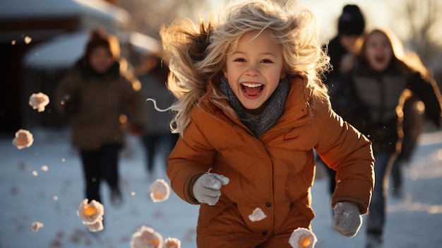 niños disfrutando de la temporada de invierno de Navidad jugando en la nieve con trajes usados