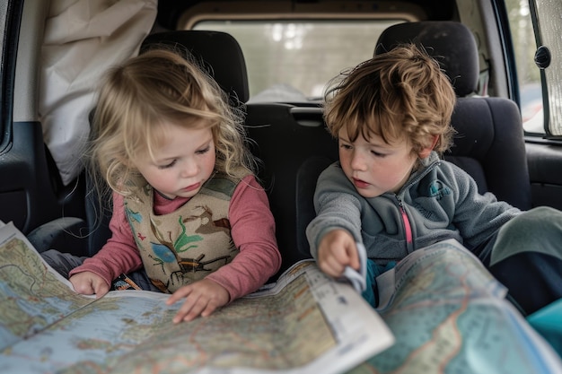 Niños disfrutando de un viaje por carretera con un mapa en el coche