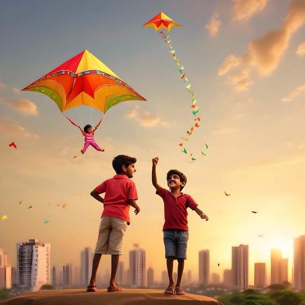 niños disfrutando de volar cometas en Uttrayan Makar Sankranti