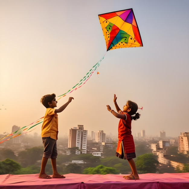 Foto niños disfrutando de volar cometas en uttrayan makar sankranti