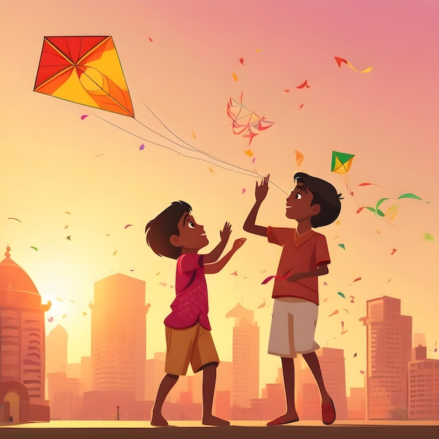 niños disfrutando de volar cometas en Uttrayan Makar Sankranti