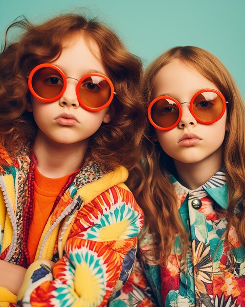 Foto niños divertidos, chicas con trajes y gafas.