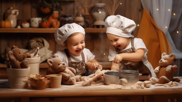 Los niños divertidos de la familia feliz están preparando la masa para hornear galletas en la cocina