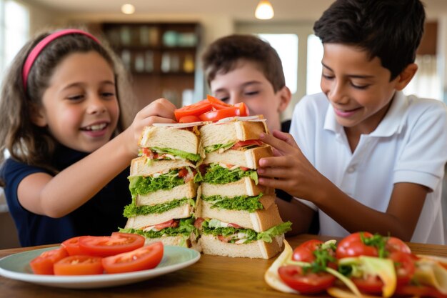 Foto niños dividiendo un sándwich grande en el clubhouse