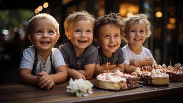 Los niños se divierten y bromean alrededor de la mesa de pasteles