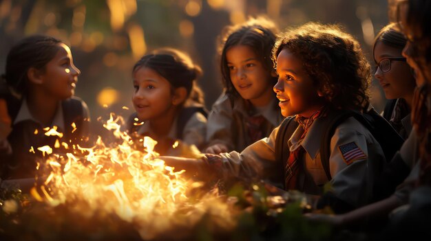 Niños divirtiéndose en la fogata durante las vacaciones escolares