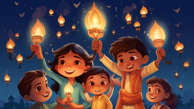 Niños de diwali con lámpara de aceite y bengala con colgante
