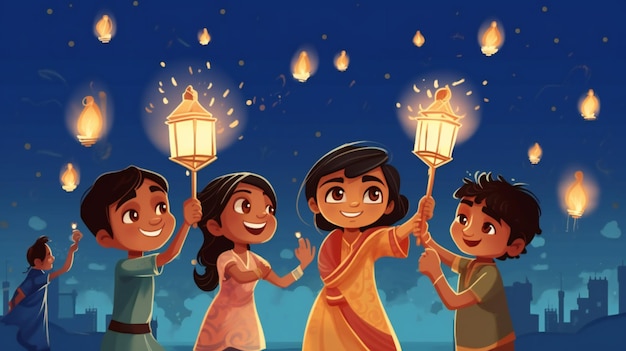 Niños de diwali con lámpara de aceite y bengala con colgante