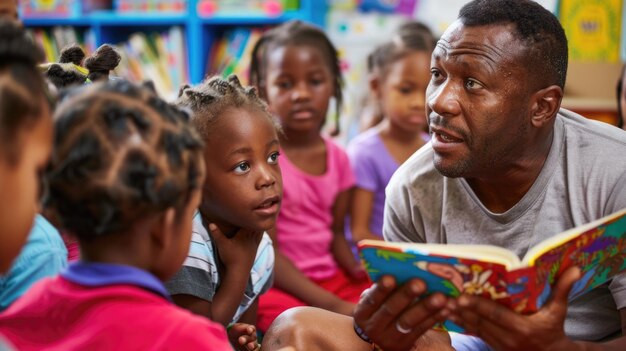 Foto en niños en edad preescolar un joven caucásico leyendo a una multitud de diversos niños en edad prescolar