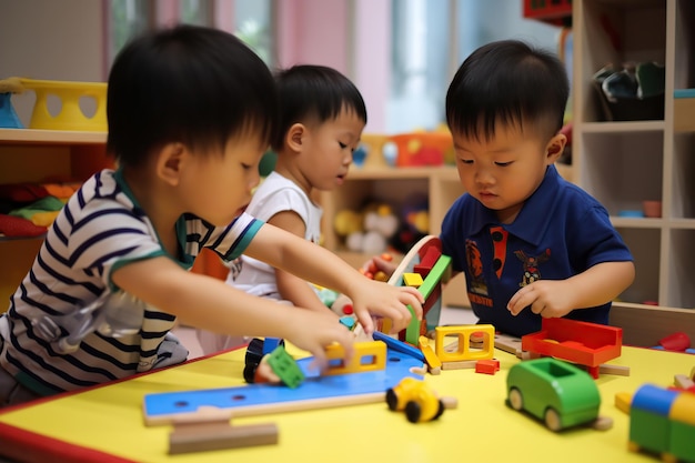 Niños en edad preescolar jugando con cubos Ilustración generativa de IA