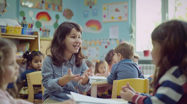 niños en edad preescolar que estudian aprendiendo en una clase con un maestro