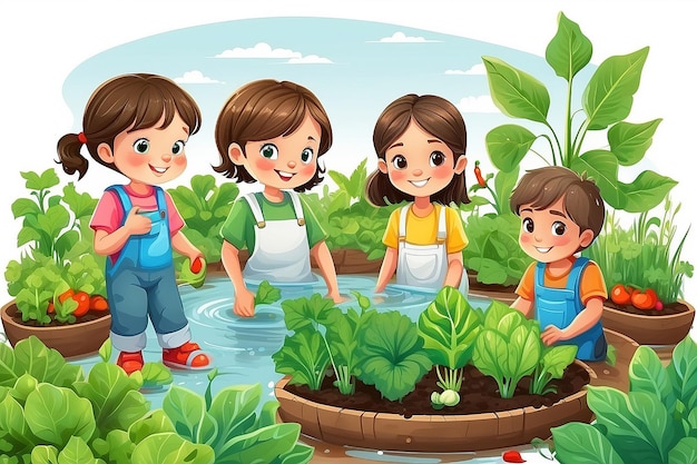 Niños educación niños lindos agua jardines de verduras orgánicas fondo blanco ilustración vectorial