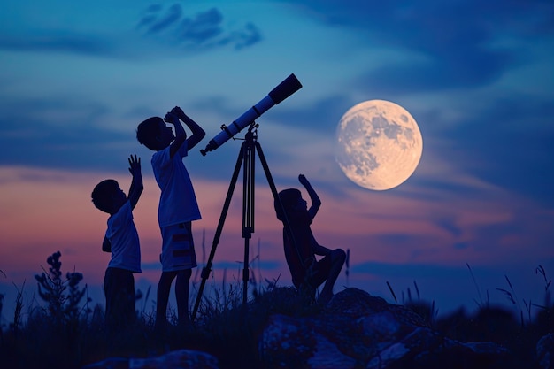 Foto niños emocionados corriendo para ver la luna con su telescopio