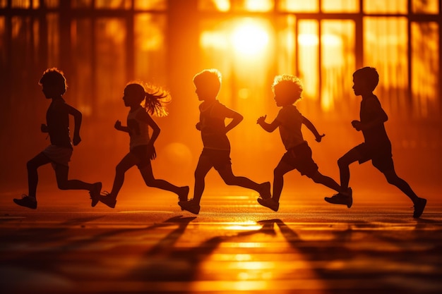 Foto niños emocionados jugando y corriendo en el parque al atardecer con el sol brillando en el fondo