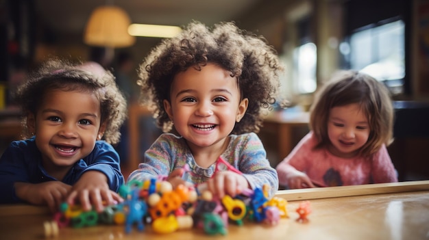 Niños emocionados jugando con juguetes en el aula