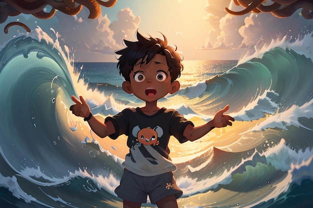 Foto niños en enormes olas del mar dibujos animados anime personaje imagen papel tapiz fondo ilustración