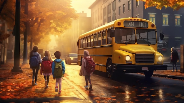 Los niños entran en un moderno autobús escolar que los lleva a la escuela por las calles de la metrópoli