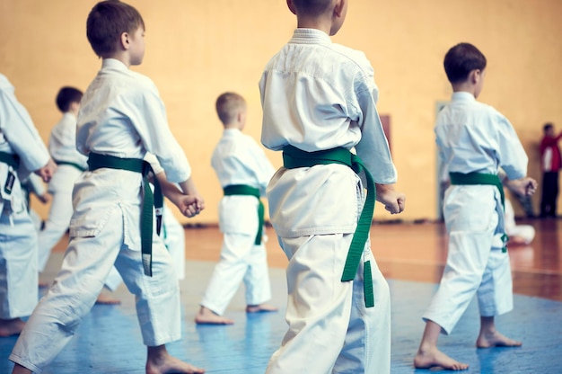 Niños entrenando en karatedo Banner con espacio para texto Estilo retro Para páginas web o impresión publicitaria Foto sin caras