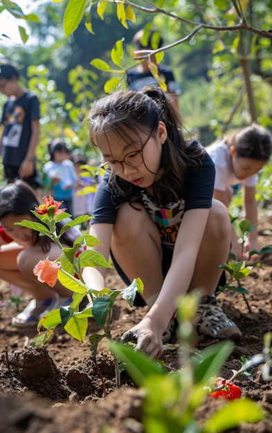 Niños de escuela adolescentes asiáticos trabajando en el jardín de la escuela jardinería y cuidado de flores