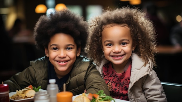 Niños de la escuela afroamericana sonriendo a la cámara mientras comen en el café IA generativa