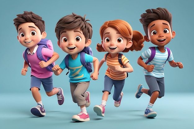 Foto niños de la escuela corriendo en 3d de alta calidad