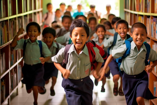 Niños en la escuela corriendo felices por los pasillos