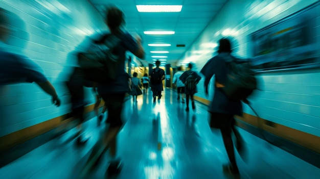 Niños de la escuela corriendo en el pasillo de la escuela primaria vista delantera