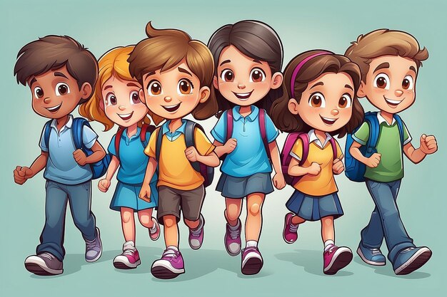 Foto niños de la escuela de dibujos animados caminando