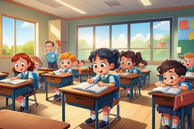 Niños de la escuela de dibujos animados estudiando en el aula