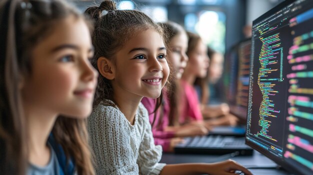 Los niños de la escuela están aprendiendo programación en la clase de IT