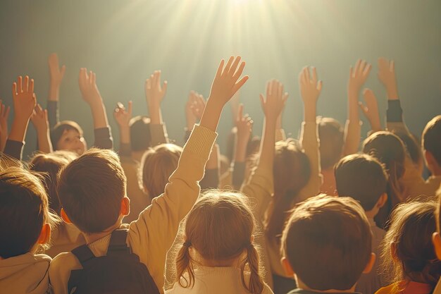 Niños de la escuela levantando la mano mientras el maestro hace preguntas