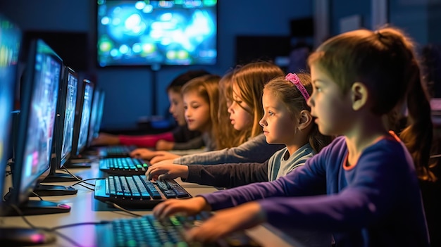 Niños de escuela multiétnicos que usan el aula de informática en la escuela primariaAula primaria interracial