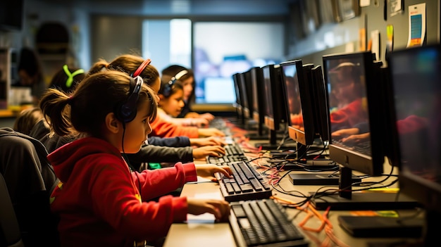 Niños de escuela multiétnicos que usan el aula de informática en la escuela primariaAula primaria interracial