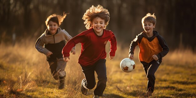 Niños de escuela primaria jugando al fútbol en un campo