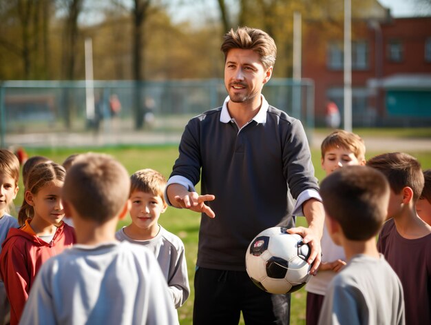 Niños de escuela primaria y profesor sentado con pelota en el campo