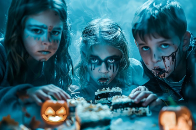 Foto niños espeluznantes con disfraces de halloween con jack o lantern y golosinas bajo la luz azul misteriosa