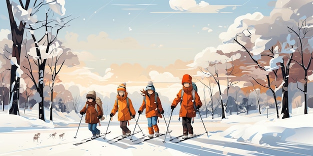 Niños esquiando en la nieve estilo acuarela generado por IA