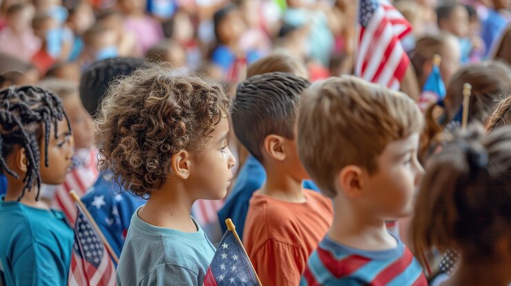 Los niños están atentos sosteniendo banderas estadounidenses durante una ceremonia escolar en honor al Día del Patriota