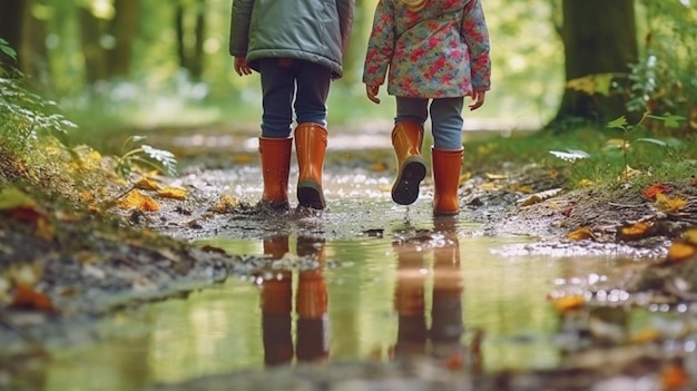 Los niños están caminando en los charcos IA generativa