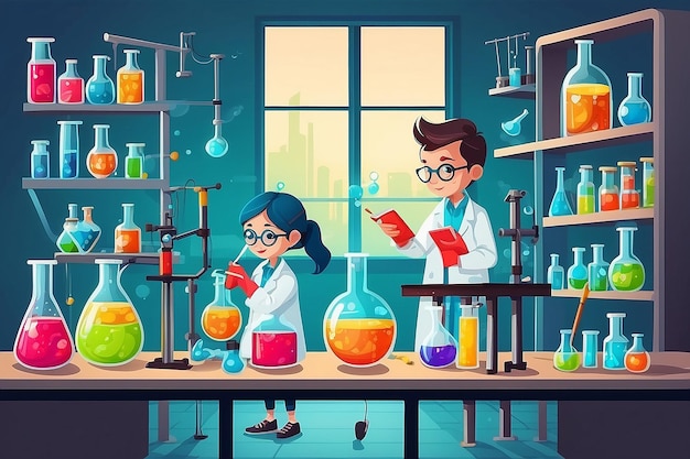 Los niños están estudiando química en el laboratorio Ilustración vectorial Diseño plano