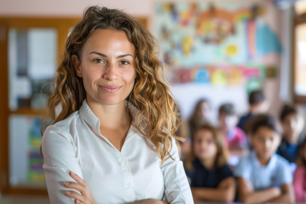 Los niños están sentados en un aula con algunos de ellos mirando a la cámara