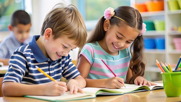 los niños están sentados en una mesa y escribiendo en un cuaderno