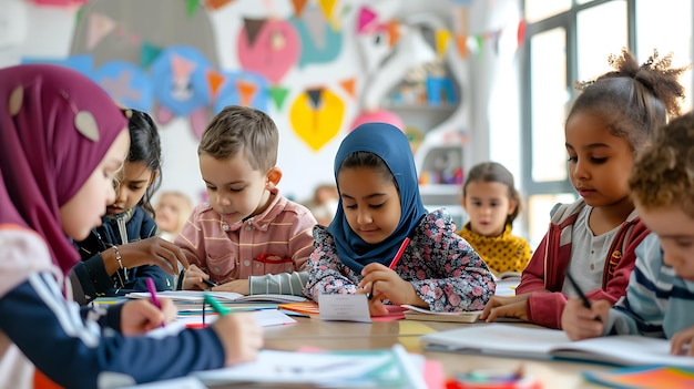 los niños están sentados en una mesa con un papel que dice quot niños quot
