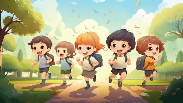 Niños de estilo caricaturesco corriendo de regreso al concepto de escuela