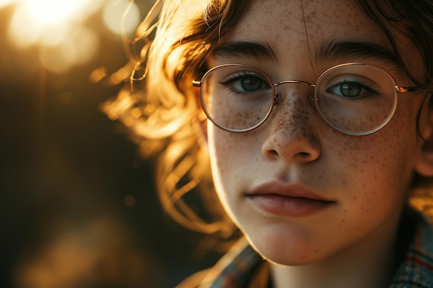 Niños estilo de vida retrato chica linda con pecas y con gafas mirando a la cámara al aire libre