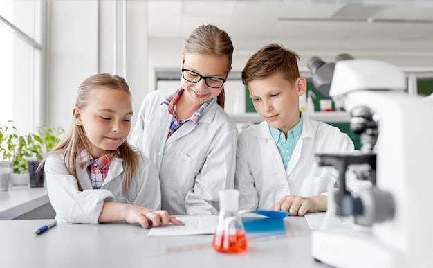niños estudiando química en el laboratorio de la escuela